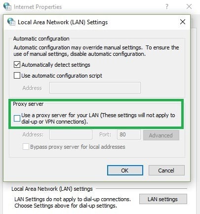 disable proxy server for LAN