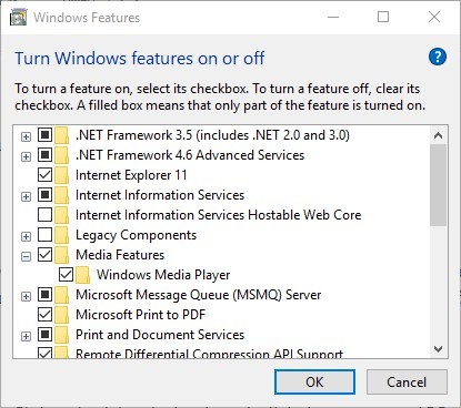 enable Windows Media Player in Windows Features