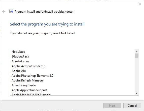 select the program installation troubleshooter