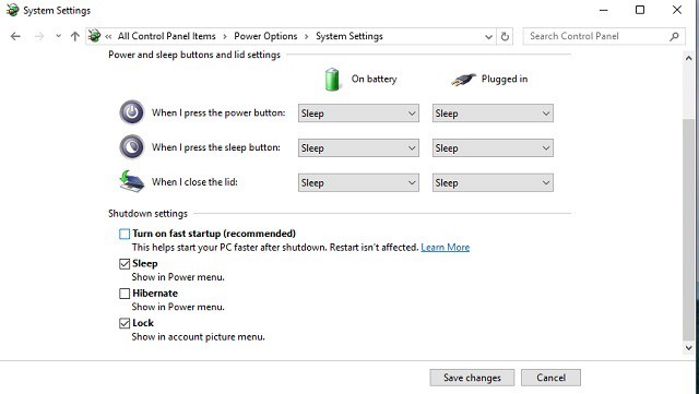 power settings disable fast startup