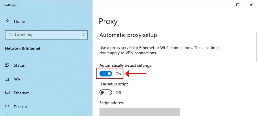 autodetect proxy settings on Windows 10