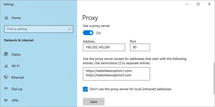 manually set up proxy settings on Windows 10