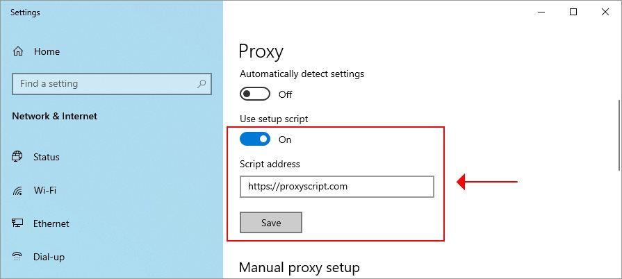 add a proxy script address on Windows 10