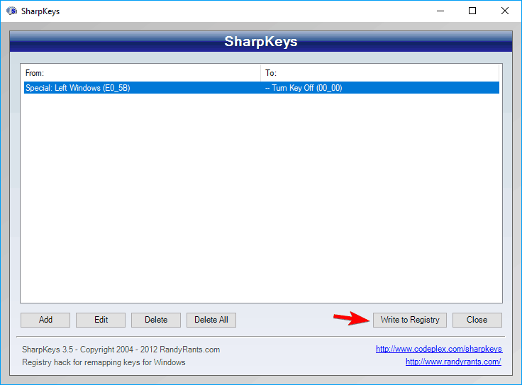write to registry sharpkeys disable the Windows Key