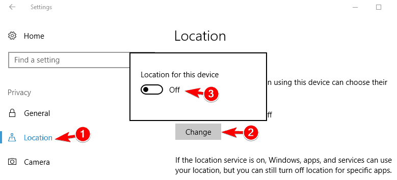 windows 10 your location is currently in use