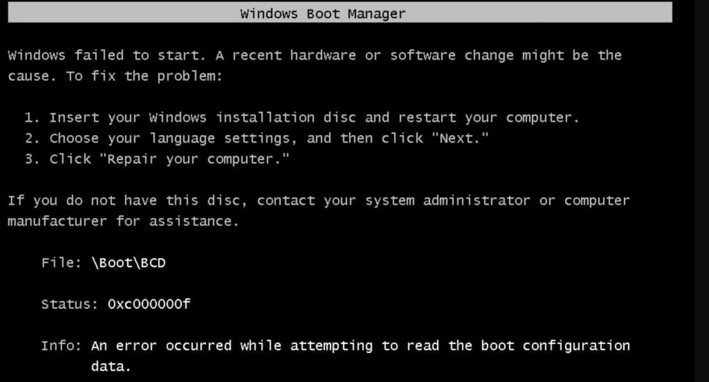fix 0xc000000f: Error attempting to read the boot configuration data