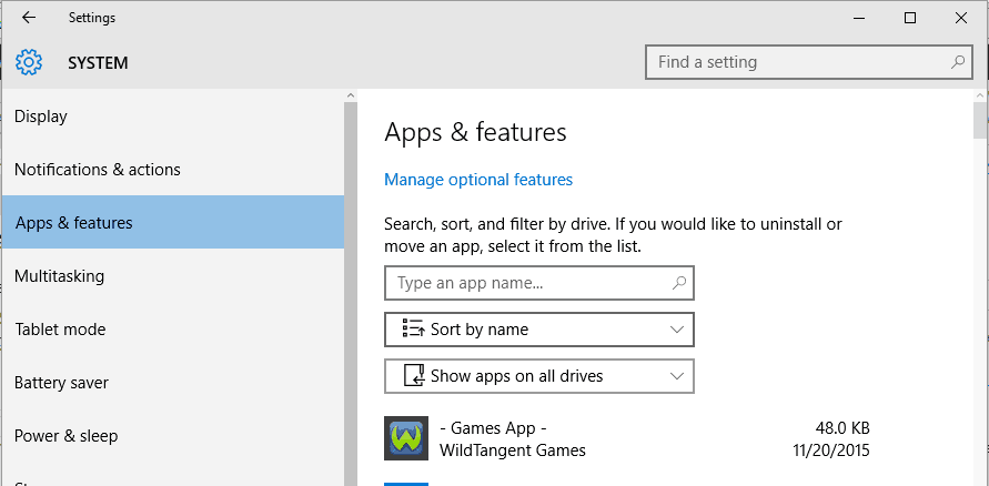 apps&features windows 10