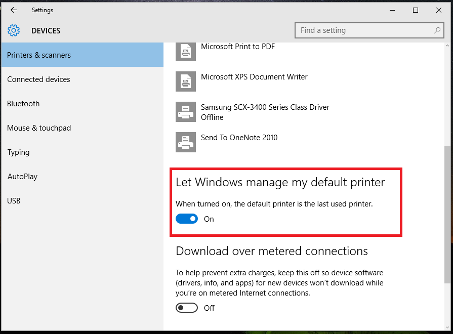 disable default printer management windows 10