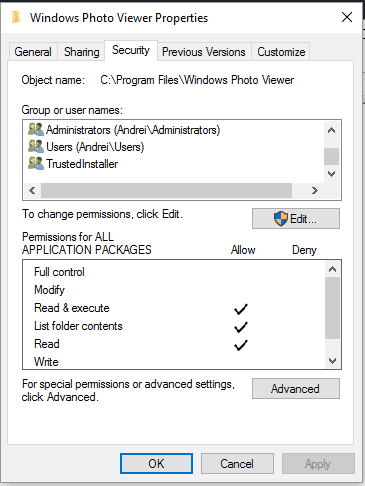 files security settings windows 10
