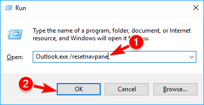 outlook.exe reset nav pane run dialog Outlook cannot log on error