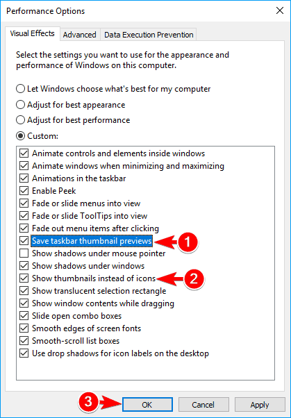 performance options window some thumbnails not showing windows 10