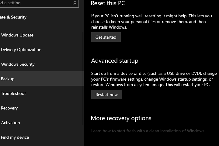 advanced startup recovery windows 10