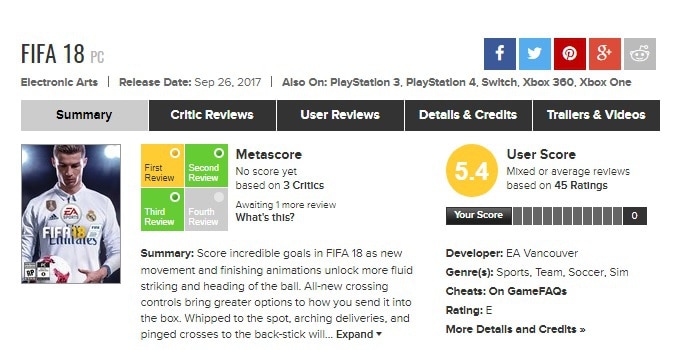FIFA 18 user reviews