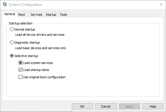 system configuration general tab