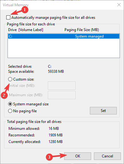 set custom paging file size for the system drive ssd memory management error