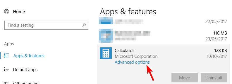 advanced options Calculator won't open in Windows 10