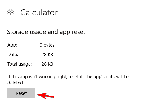 reset button Windows 10 Calculator opens then closes