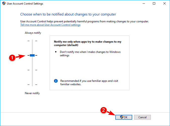 user account control slider calculator doesn't work windows 10
