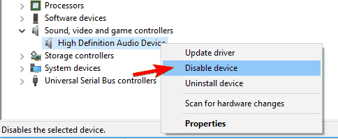 device manager disable device HP audio failed to play test tone