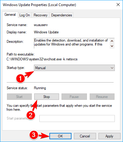 Windows Update service properties stop