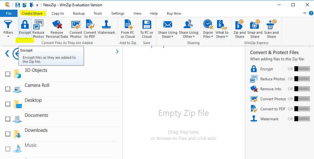 encrypt a zip file windows 10