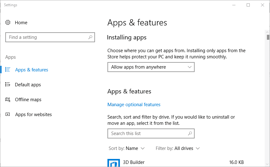 apps & features windows 10 settings