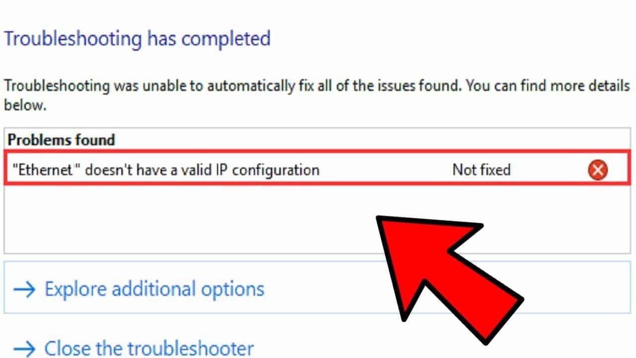 ethernet doesn t have valid ip configuration fix