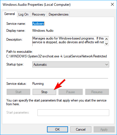 Volume Control greyed out Windows 10 stop Windows Audio service temporarily