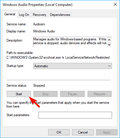 Volume Control won't open start Windows Audio service