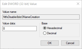 NtfsDisable8dot3NameCreation dword regedit value 0