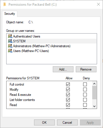permissions for system drive