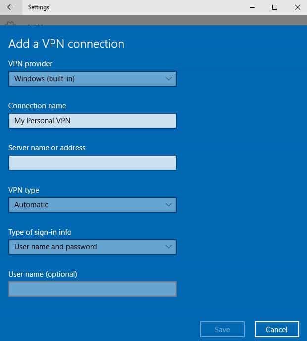 connection name VPN for laptop Windows 10