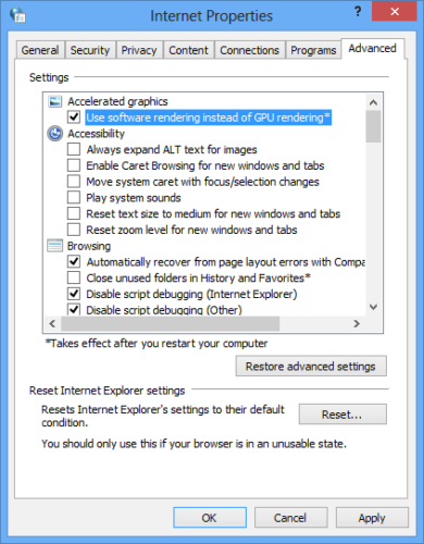 disable hardware acceleration for Internet Explorer