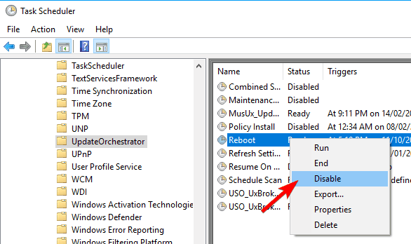 reboot disable in task scheduler update orchestator windows 10 wakes up from sleep