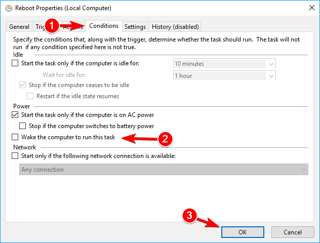 uncheck Wake the computer to run this task under Conditions tab