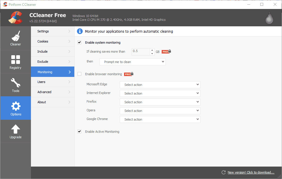 CCleaner disable monitoring