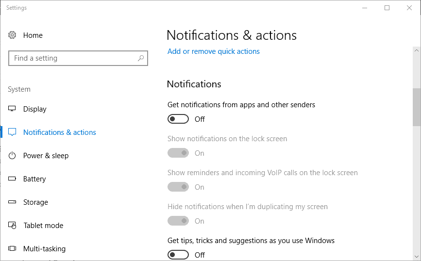 notifications & actions windows 10
