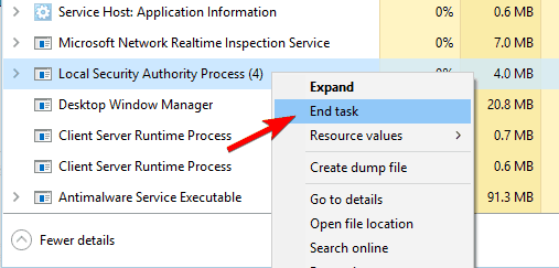end Local Security Authority Process in Task Manager