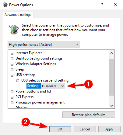 disable USB selective suspend settings in advanced power options