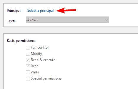 select a principal File Access Denied Cannot take ownership