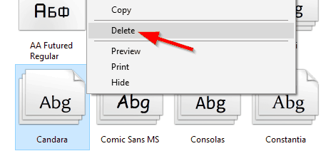 Windows font not showing delete font
