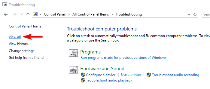 View All troubleshooting tools control panel