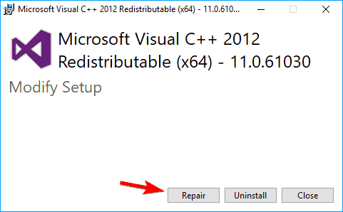 reinstall C++ redistributable
