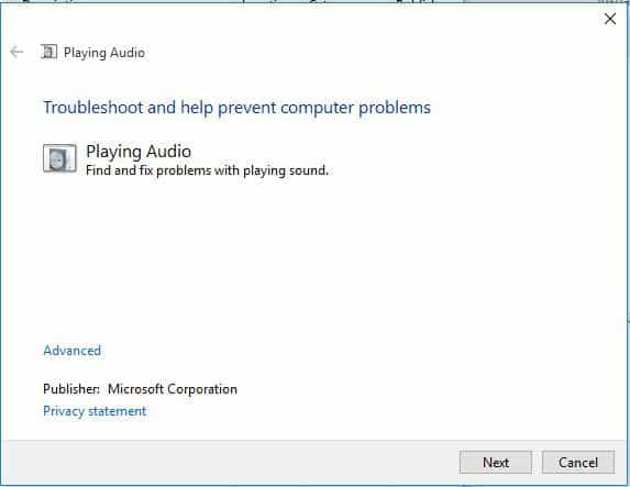 playing audio Speakers not working Windows 10