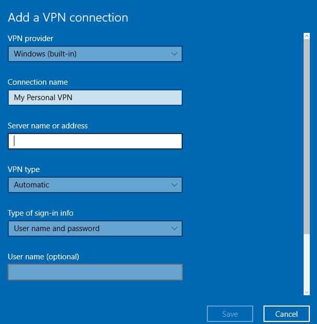 server name or address VPN for laptop Windows 10