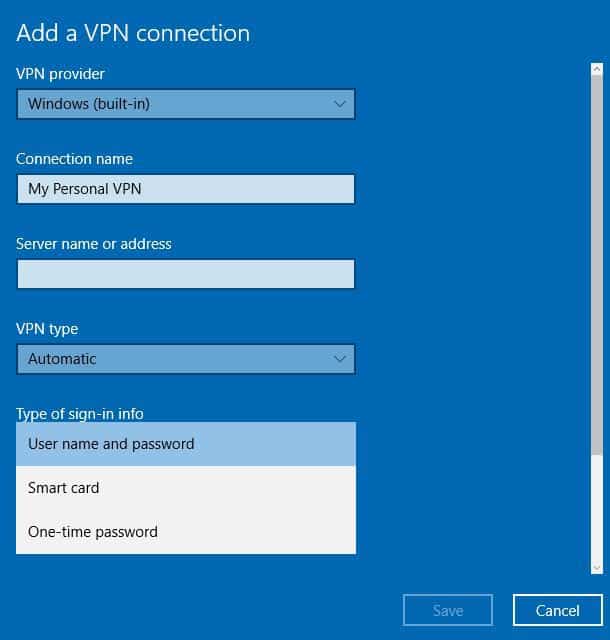 type of sign-in info VPN for laptop