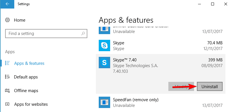 Uninstall Skype Windows settings