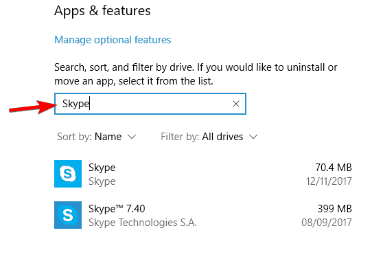 disinstallare le impostazioni di Skype Windows