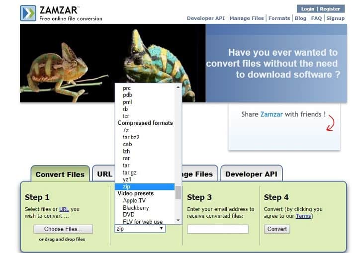 zamzar create RAR file