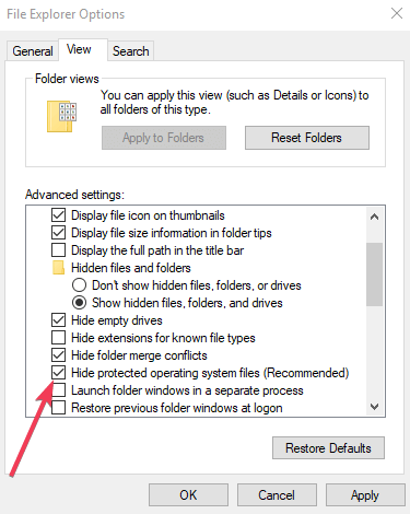 Hide protected operating system files file explorer folder options